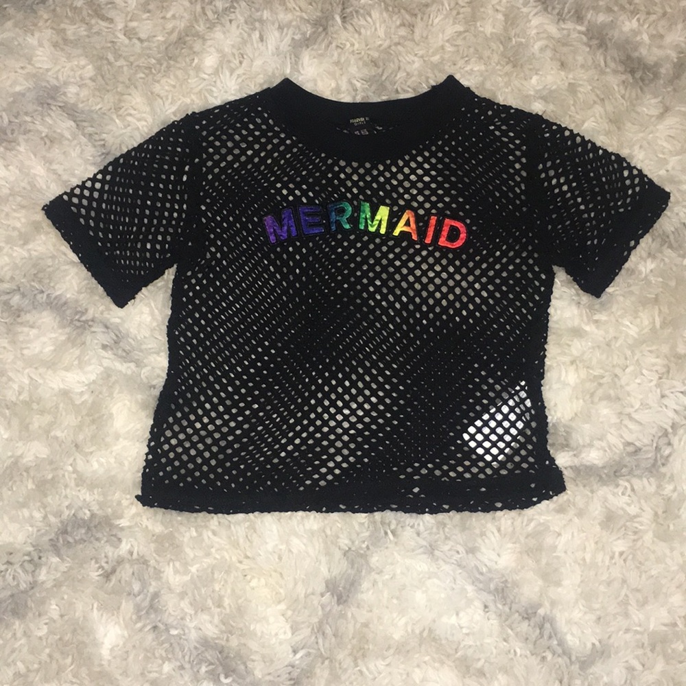 black mesh, rainbow mermaid shirt